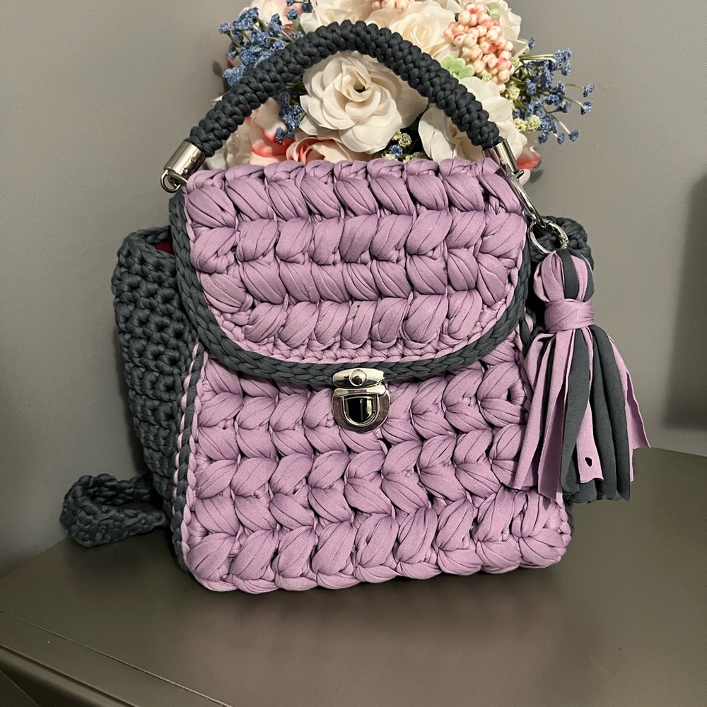 Handcrafted Lilac and Gray Crochet Backpack or Handbag